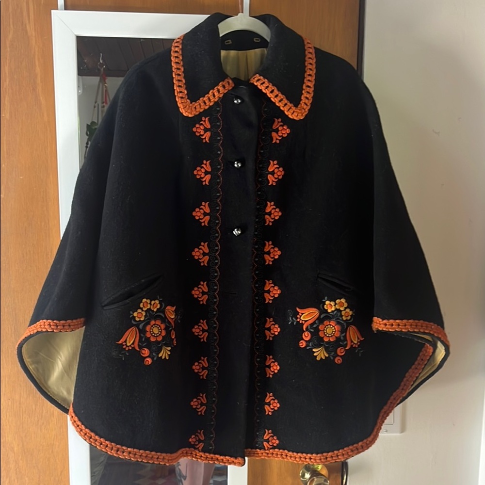 Embroidered Black and Orange Floral Women's Boho Cape